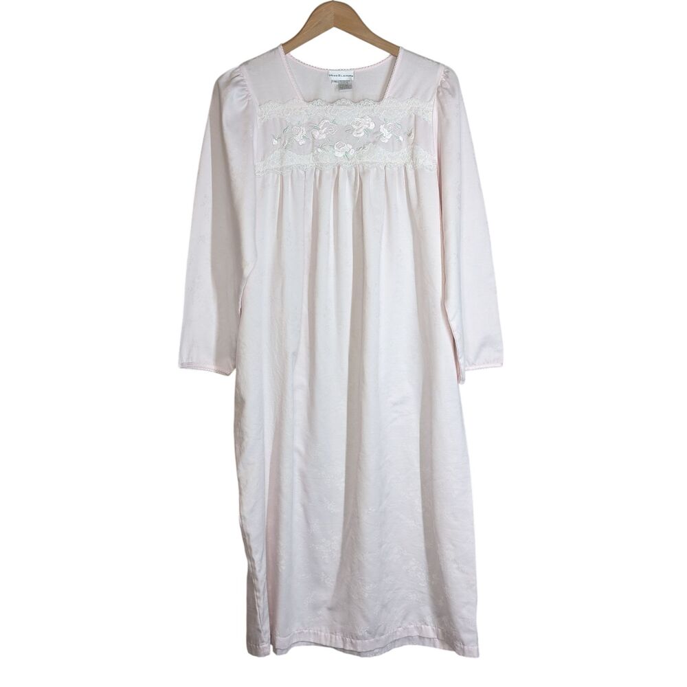 Vtg Miss Elaine Long Sleeve Nightgown Sz M Pastel Pink Lace Embroidery Granny